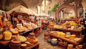 Mercado romano del siglo II: Diversidad de quesos y técnicas de producción en un fresco mural, reflejando la expansión del queso en el Imperio Romano.